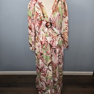 Pink Lily Where I Want To Be Tropical Print‎ Long Sleeve Maxi Dress Size Large